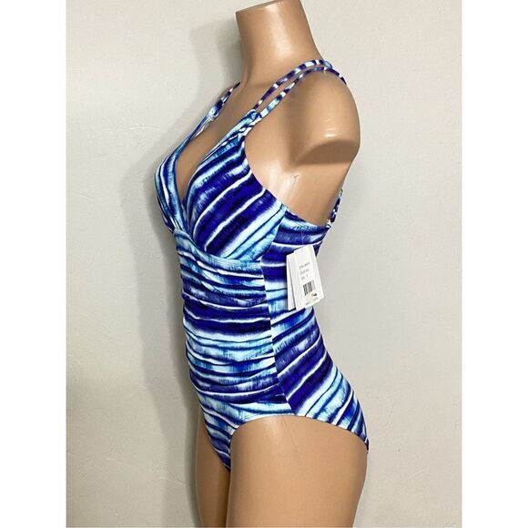 New. La Blanca BLUE Serene Stripe Tummy-Control Strappy One-Piece Swimsuit. Reta - Picture 7 of 12